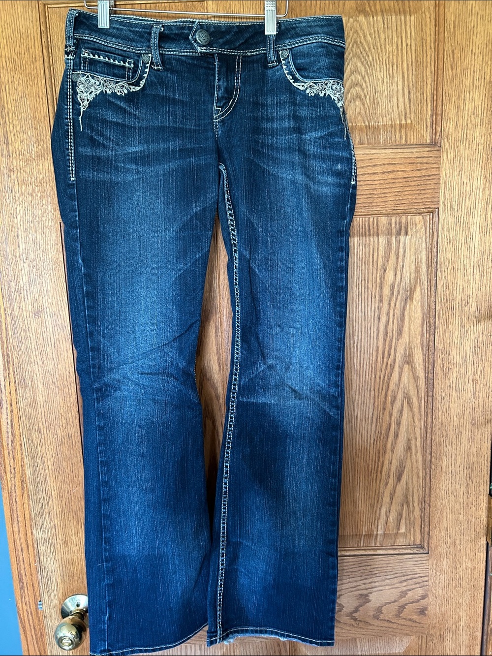 Silver Jeans Dark Blue Embroidered Pocket Flare Jeans